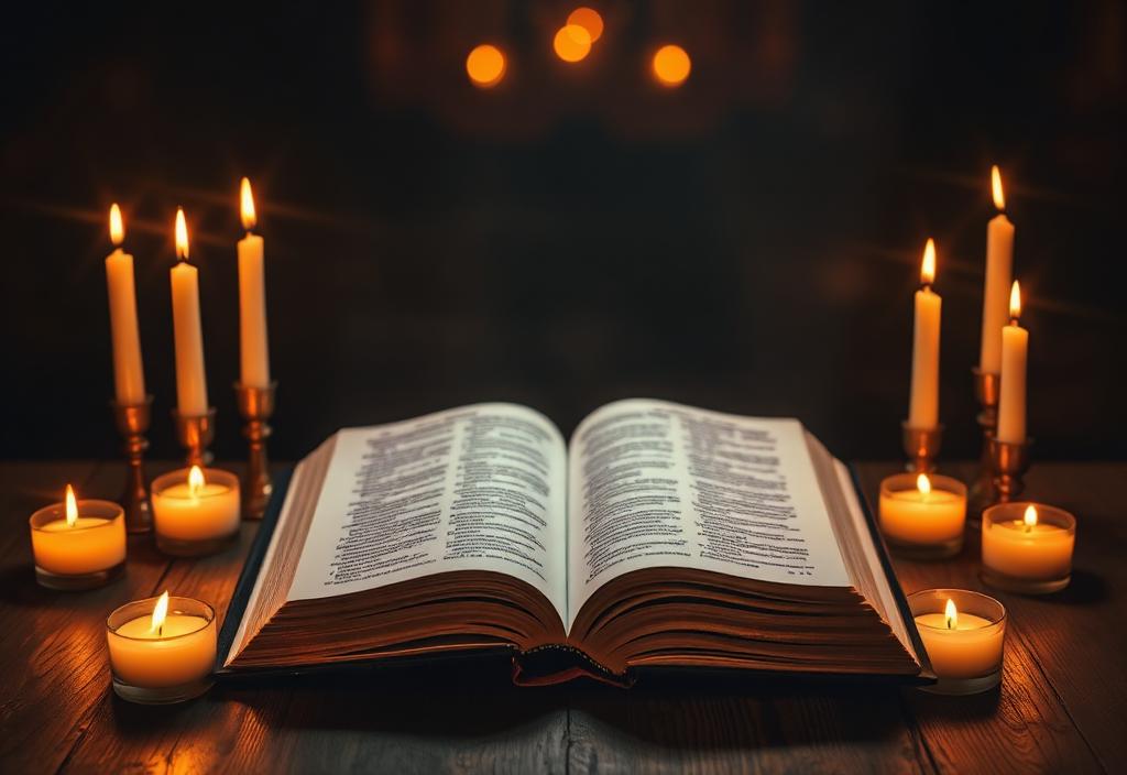 Biblia abierta con velas